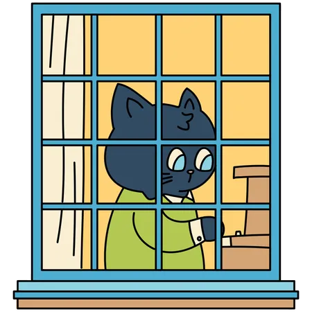 Window With Cat Playing Piano Cartoon Vector Illustration In Line Filled Design Illustration