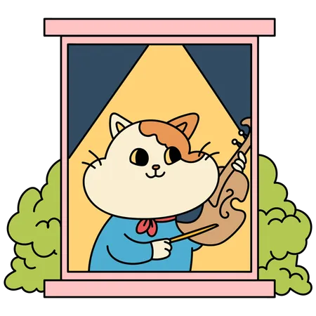 Window With Cat Playing Violin Cartoon Vector Illustration In Line Filled Design Illustration