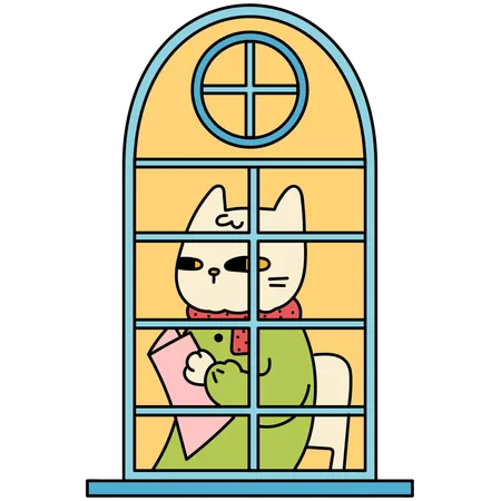 Window With Cat Reading Newspaper Cartoon Vector Illustration In Line Filled Design Illustration