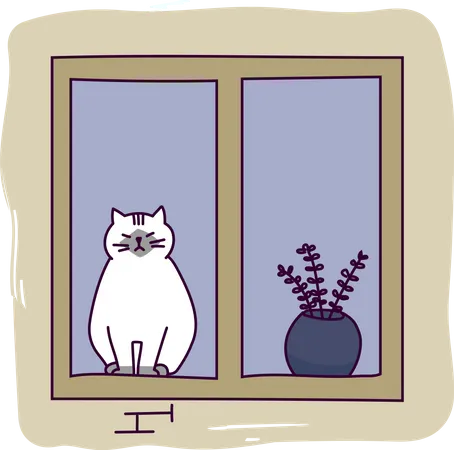 Cute cat sitting on window  Illustration