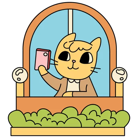 Window With Cat Taking Selfie Cartoon Vector Illustration In Line Filled Design Illustration