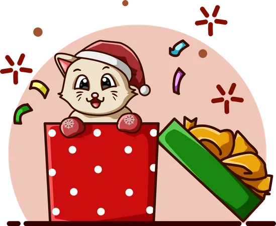 Cute cat wearing hat in the Christmas gift  Illustration