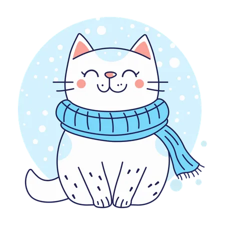 12月の季節にスカーフを巻いたかわいい猫  イラスト