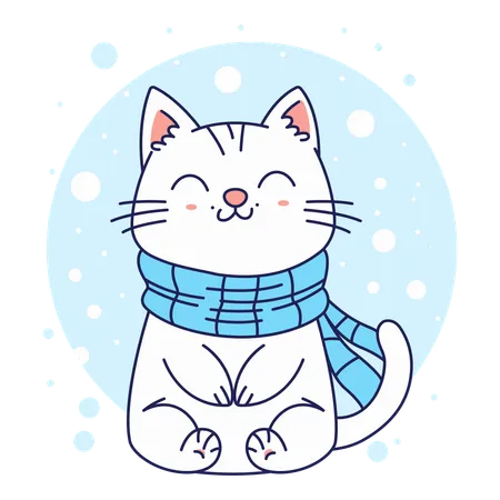 凍てつく夜にスカーフを巻いたかわいい猫  イラスト