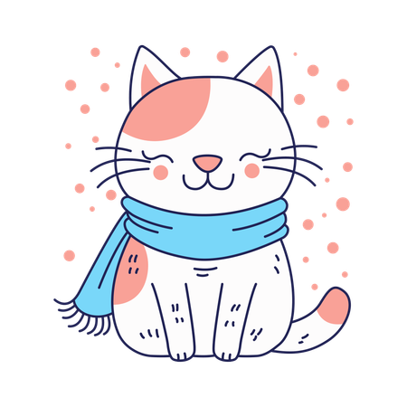 冬にスカーフを巻いたかわいい猫  イラスト