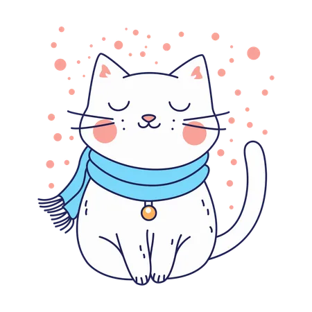 ウールのスカーフをつけたかわいい猫  イラスト