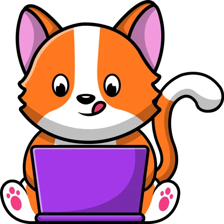 Cute Cat Working On Laptop  Illustration