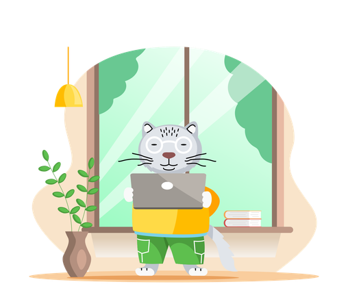 Cute cat working on laptop  Illustration