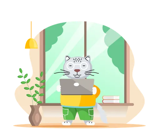 Cute cat working on laptop  Illustration