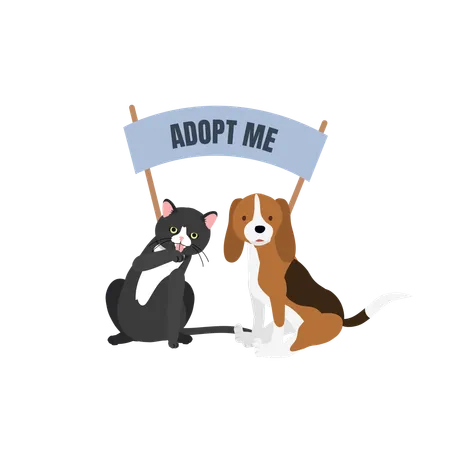Cute Cats And Dogs Ready For Adoption Rescue Cats And Dogs Finding Forever Homes With Adoption Signs イラスト