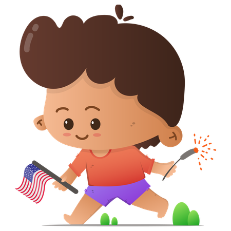 Cute character carrying American flag and fireworks  Illustration