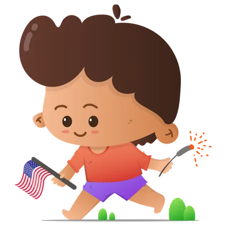 Cute character carrying American flag and fireworks  Illustration