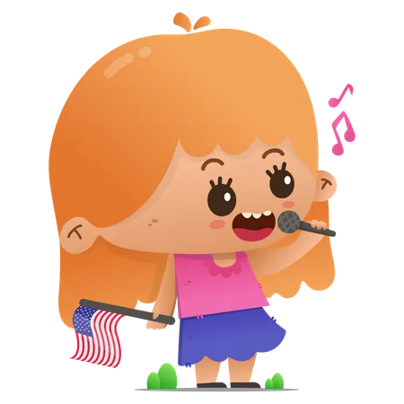 Cute character carrying an American flag while singing  Illustration