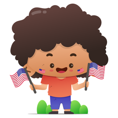 Cute character holding two american flags  Illustration