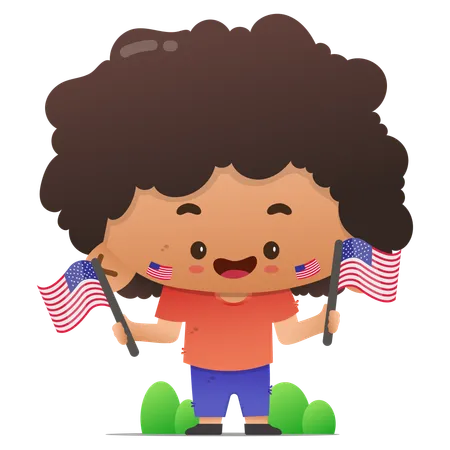 Cute character holding two american flags  Illustration