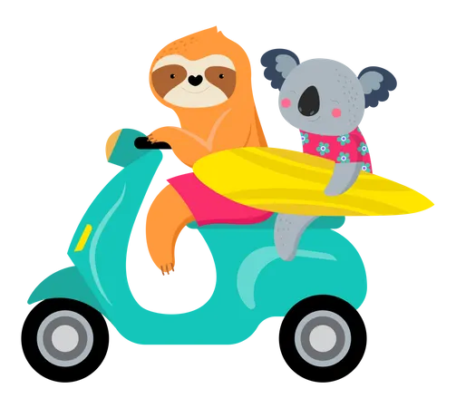 Summer Fun Illustration With Cute Characters Of Koalas And Sloths Having Fun Pool Sea And Beach Summer Activities Concept Vector Illustration Template Illustration