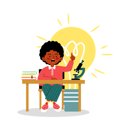Cute child boy sits at the desk with books and microscope and has an idea  Illustration