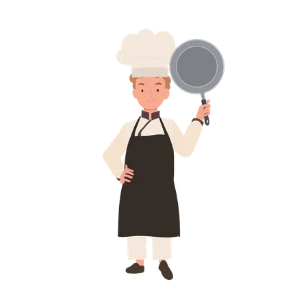 Cute Child Chef in Chef's Hat and Apron is showing frying pan  Illustration