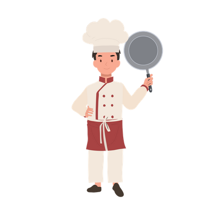 Cute child chef in chefs hat and apron is showing frying pan  Illustration