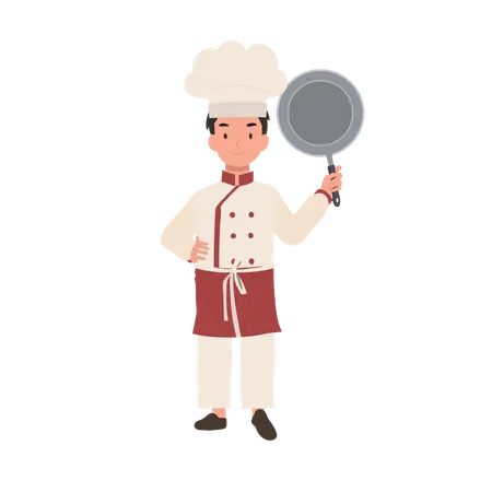 Cute child chef in chefs hat and apron is showing frying pan  Illustration