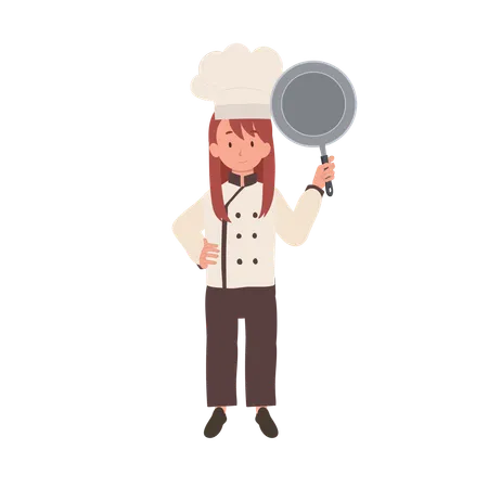 Cute Child Chef in Chef's Hat and Apron is showing frying pan  Illustration