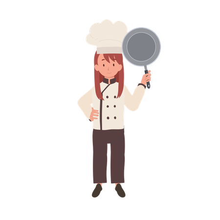 Cute Child Chef in Chef's Hat and Apron is showing frying pan  Illustration