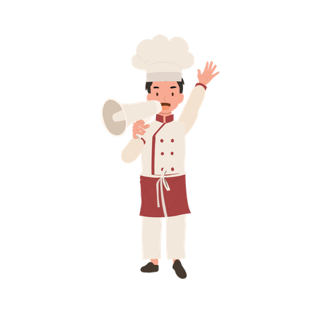 Cute child cook in chef uniform making announcement with megaphone  Illustration