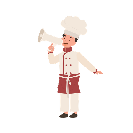 Cute child cook in chef uniform making announcement with Megaphone  Illustration