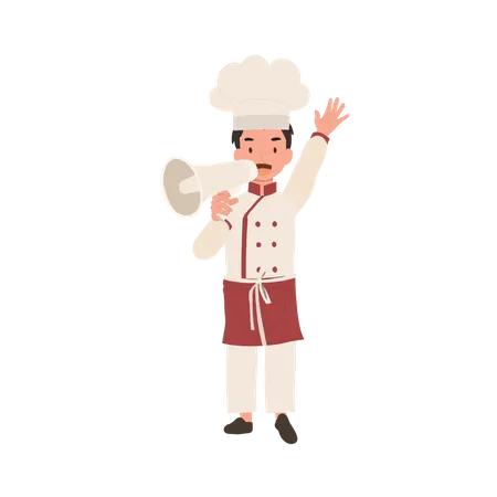 Cute child cook in chef uniform making announcement with megaphone  Illustration