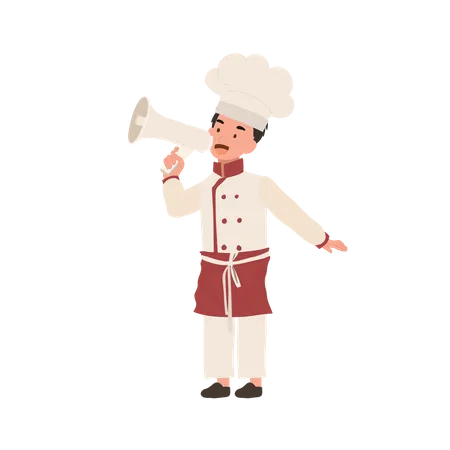 Cute child cook in chef uniform making announcement with Megaphone  Illustration