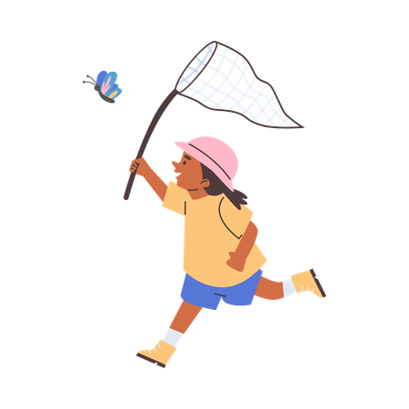 Cute child girl runs with net after butterfly  Illustration
