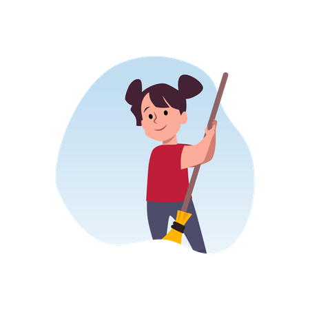 Cute child girl sweeps with yellow broom  Illustration