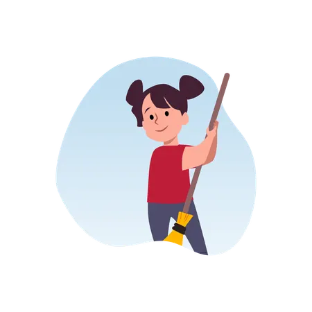 Cute child girl sweeps with yellow broom  Illustration