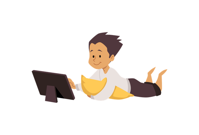 Cute child lying on the pillow and looking at the tablet device,  Illustration