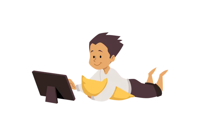Cute child lying on the pillow and looking at the tablet device,  Illustration