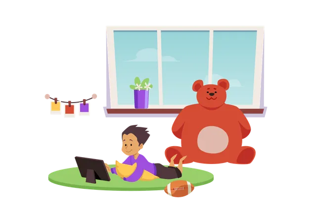 Cute child lying on the pillow and watching at the tablet device in nursery room  Illustration