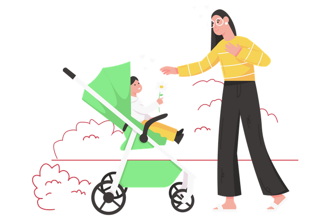 Cute child sitting in stroller gives flower to happy mom Illustration