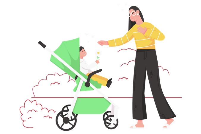 Cute child sitting in stroller gives flower to happy mom  Illustration