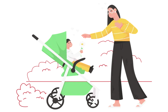 Cute child sitting in stroller gives flower to happy mom  Illustration