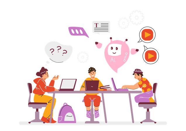 Cute children doing homework with assistant robot  Illustration