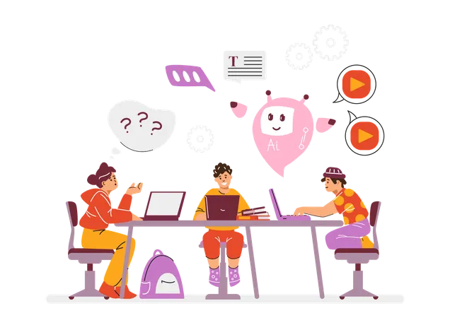 Cute children doing homework with assistant robot  Illustration