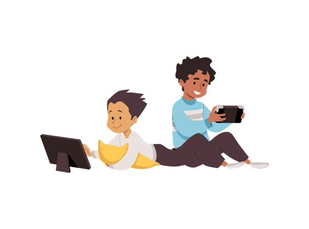 Cute children looking at the tablet device and smartphone  Illustration