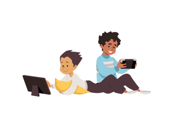 Cute children looking at the tablet device and smartphone  Illustration