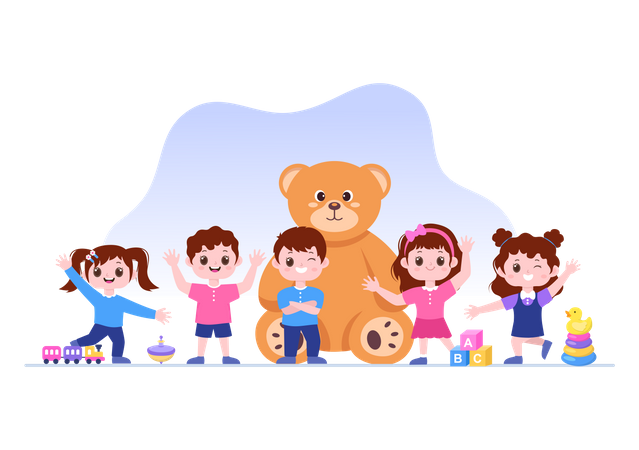 Cute Children Playing with Toy  Illustration