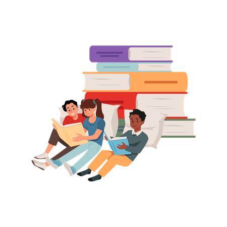 Cute children sitting and enjoying reading book on pillows near huge stack of books  Illustration