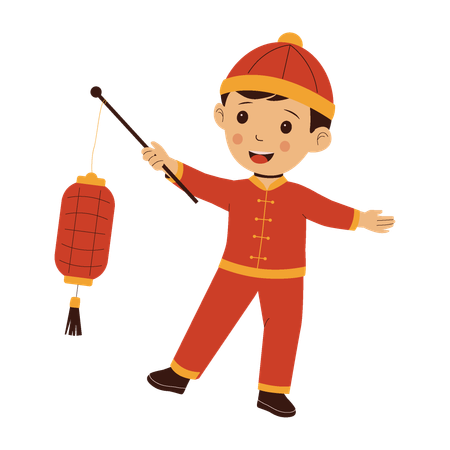 Cute Chinese Boy Holding Chinese Lantern  Illustration