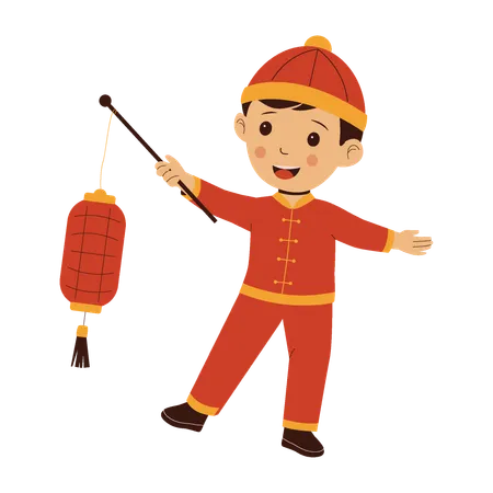 Cute Chinese Boy Holding Chinese Lantern  Illustration