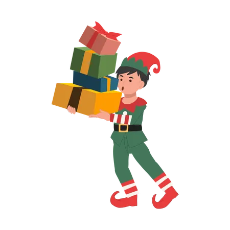 Cute Young Christmas Elf Boy With A Lot Of Present Boxes Vector Illustration Illustration