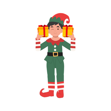 Cute christmas elf boy with present box  Illustration