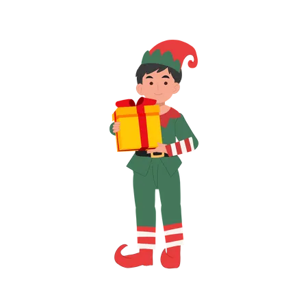Cute Young Christmas Elf Boy With Present Box Vector Illustration Illustration